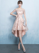 Beautiful Champagne High Low Lace Homecoming Dress, Off Shoulder Prom Dress