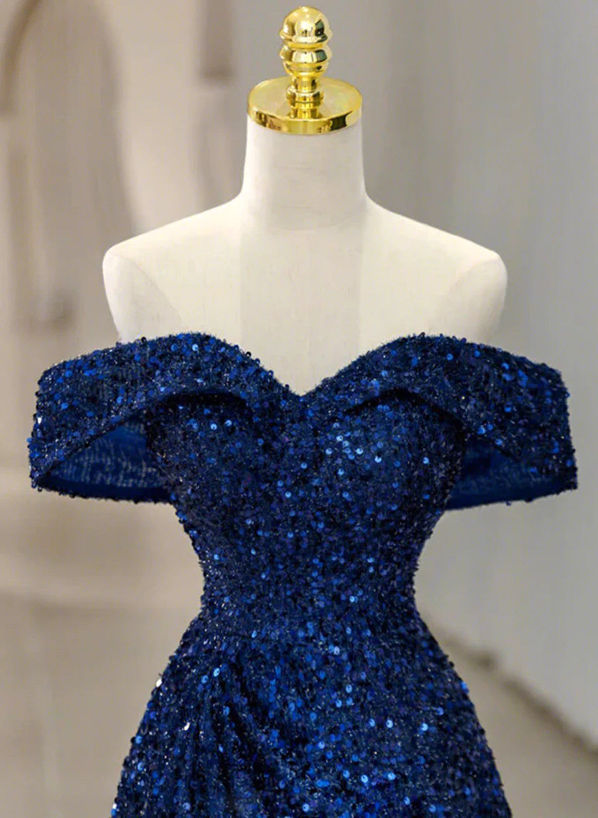 A-line Blue Sequins Off Shoulder Prom Dress, Blue Sequins Evening Dress