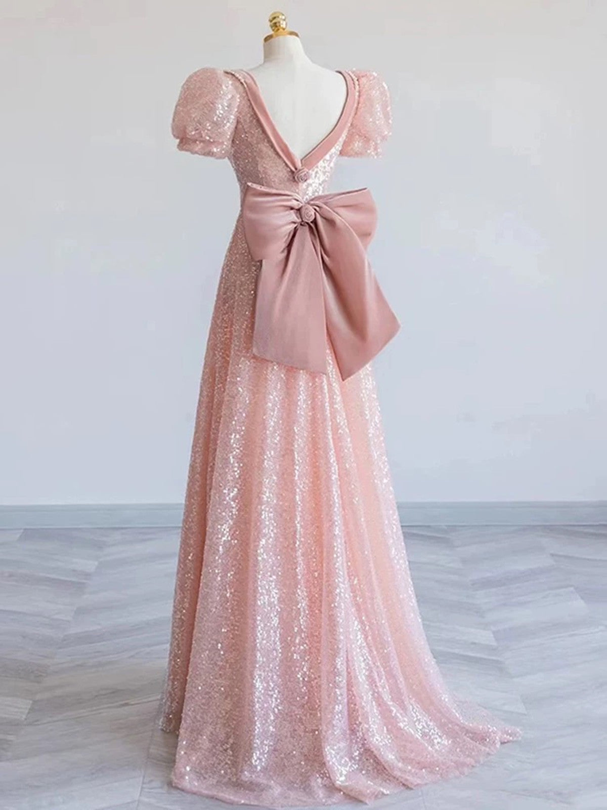 A-line Pink Sequins and Velvet Short Sleeves Party Dress, Pink Floor Length Prom Dress