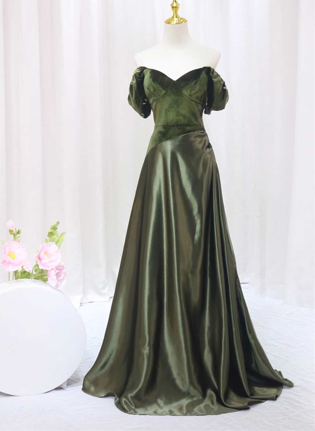 A-line Green Sweetheart Velvet Long Party Dress, Green Evening Dress Prom Dress