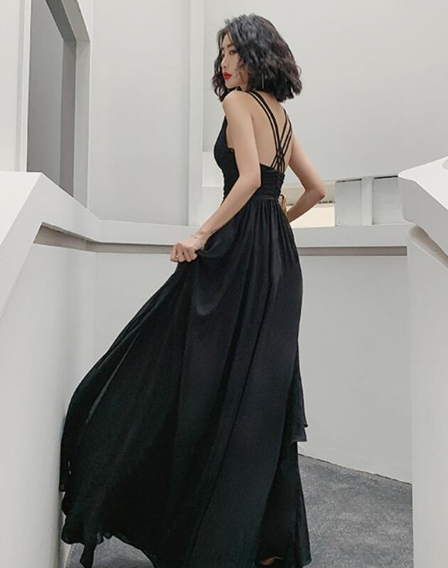 Beautiful Black Chiffon V-neckline Long Party Dress, Black Cross Back Prom Dresses