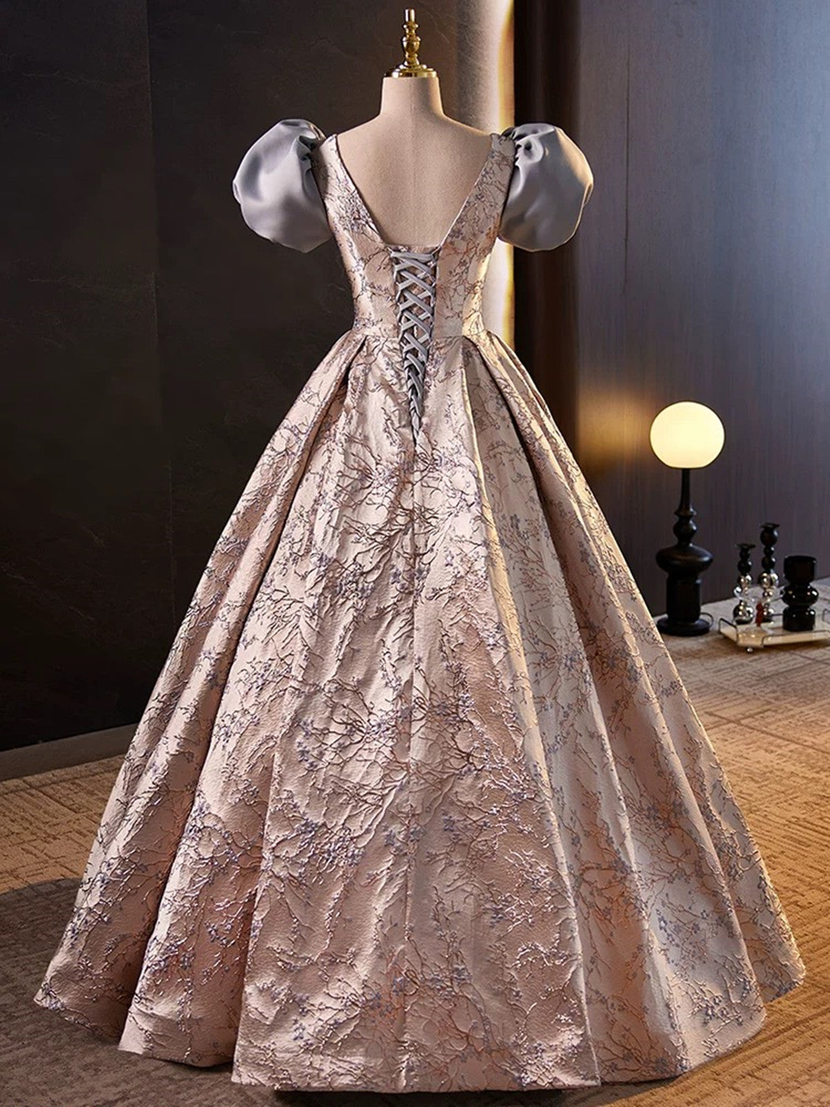 A-line Floral Satin Short Sleeves Long Prom Dress, Sweetheart Long Party Dress