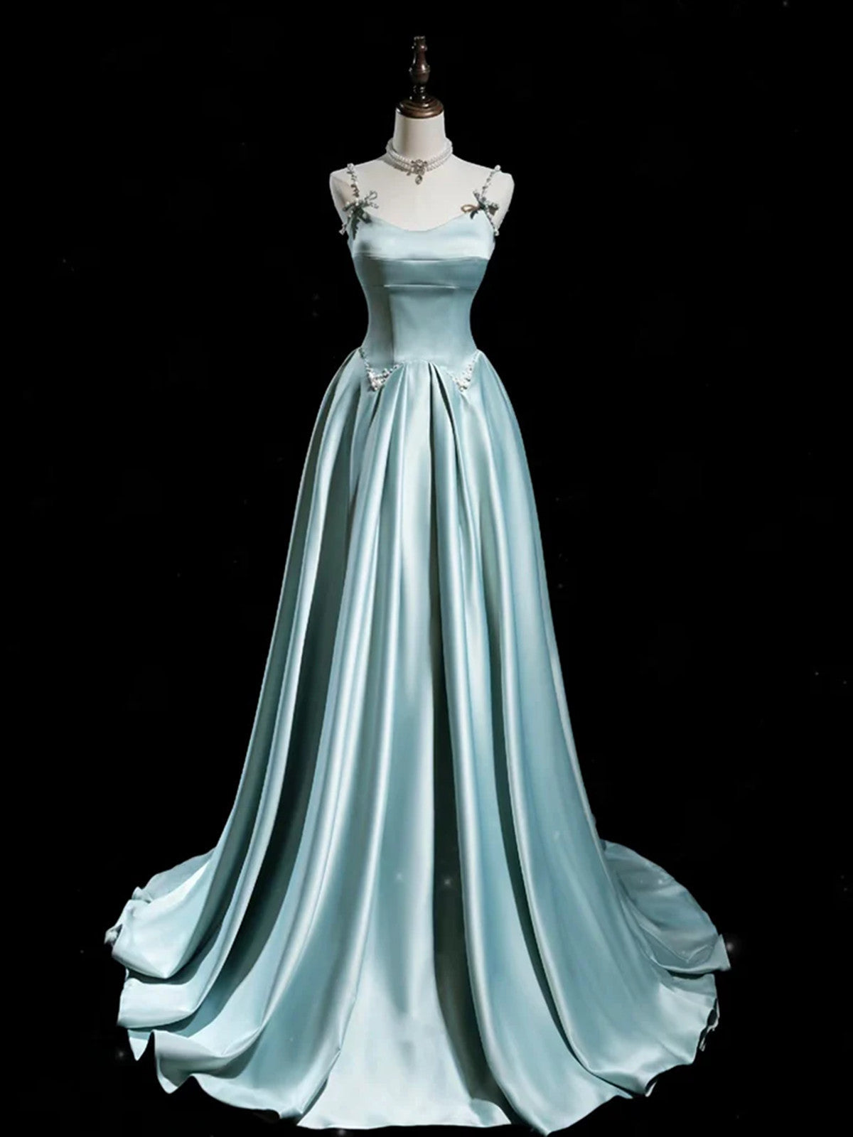 A-line Blue Satin Straps Long Prom Dress, Blue Satin Lace-up Formal Dress