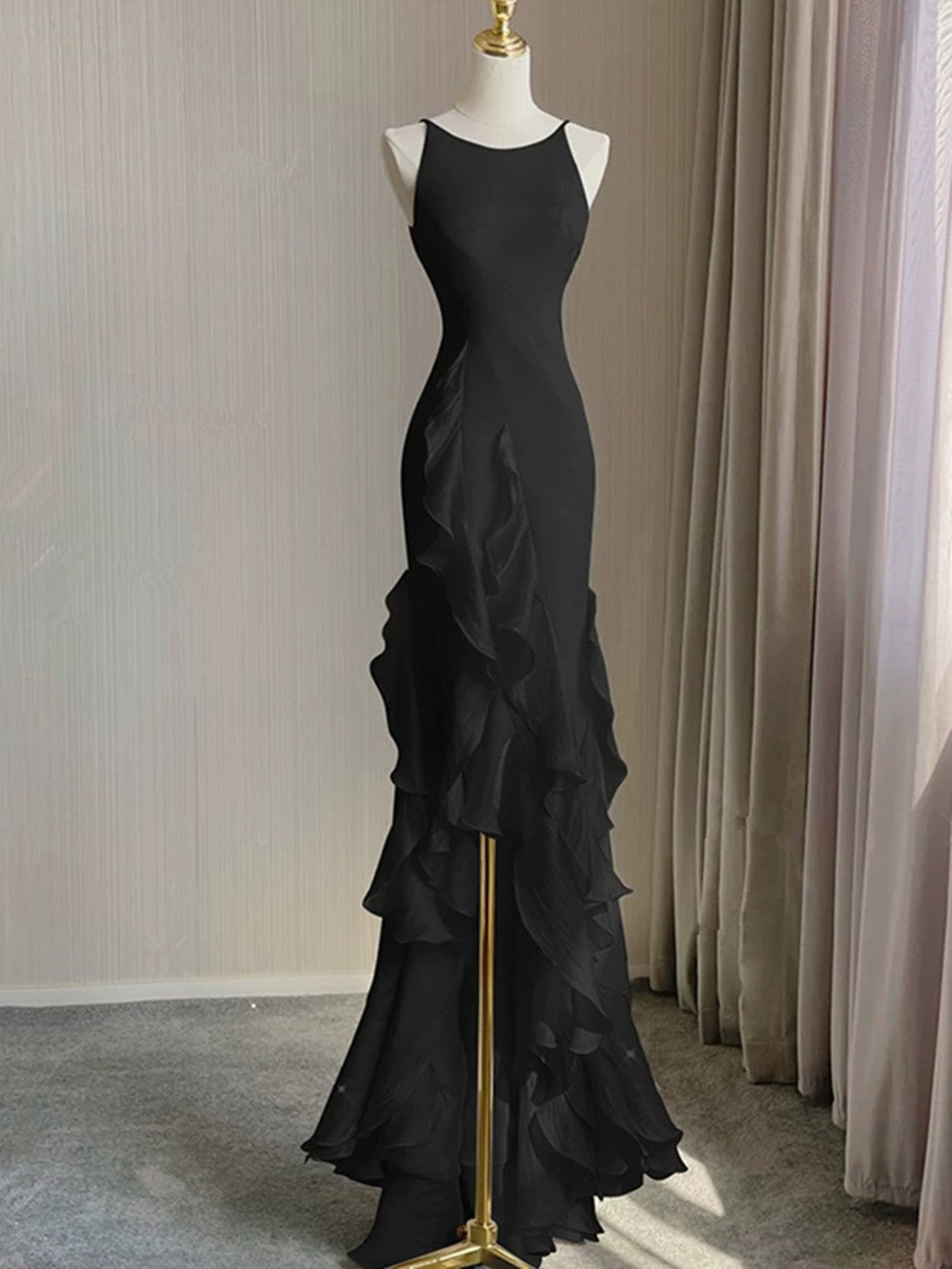Black Mermaid Round Neckline Low Back Party Dress, Black High Low Prom Dress