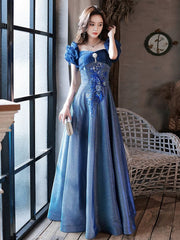 A-line Blue Sweetheart Short Sleeves Party Dress, Blue Long Prom Dress Evening Dress
