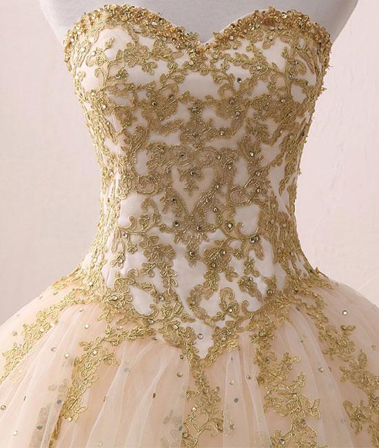 Beautiful Light Champagne Ball Gown Party Dress, Sweet 16 dress with Gold Applique
