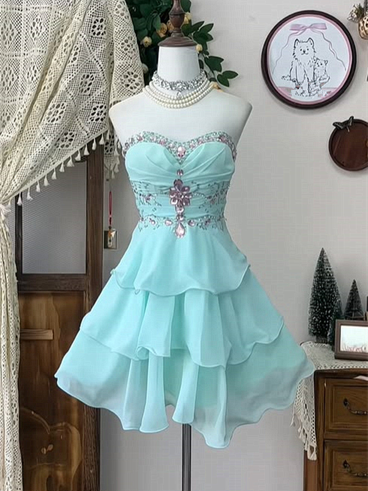 A-line Blue Chiffon Beaded Sweetheart Homecoming Dress, Blue Layers Short Party Dress