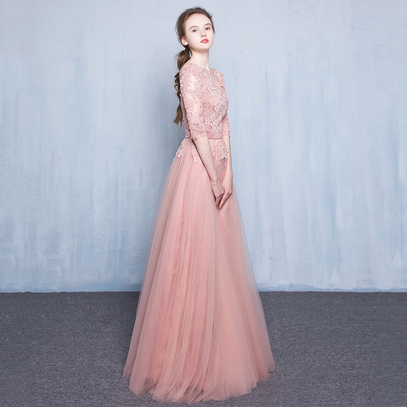Beautiful Pink Short Sleeves Tulle with Lace A-line Party Dress, Dark Pink Wedding Party Dresses