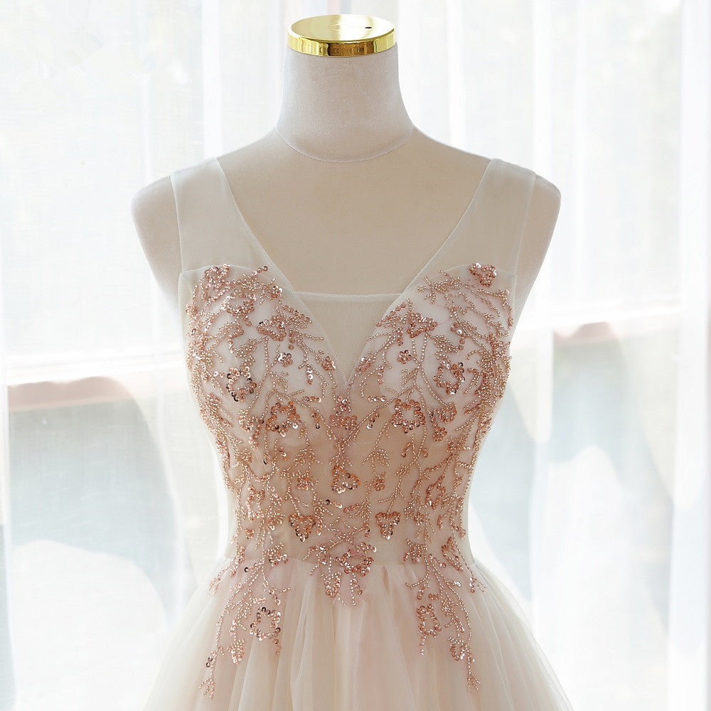 Beautiful Ivory V-neckline Floor Length Tulle Prom Dress, Beaded Formal Dress Evening Dress