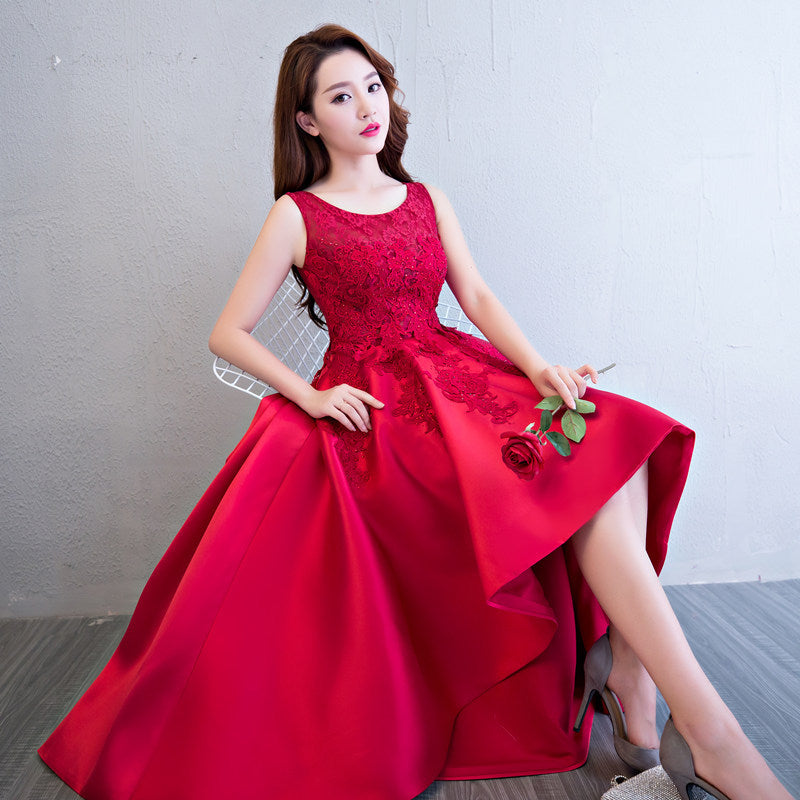 Beautiful Pink High Low Satin and Lace Homecoming Dress, Cute Short Prom Dress