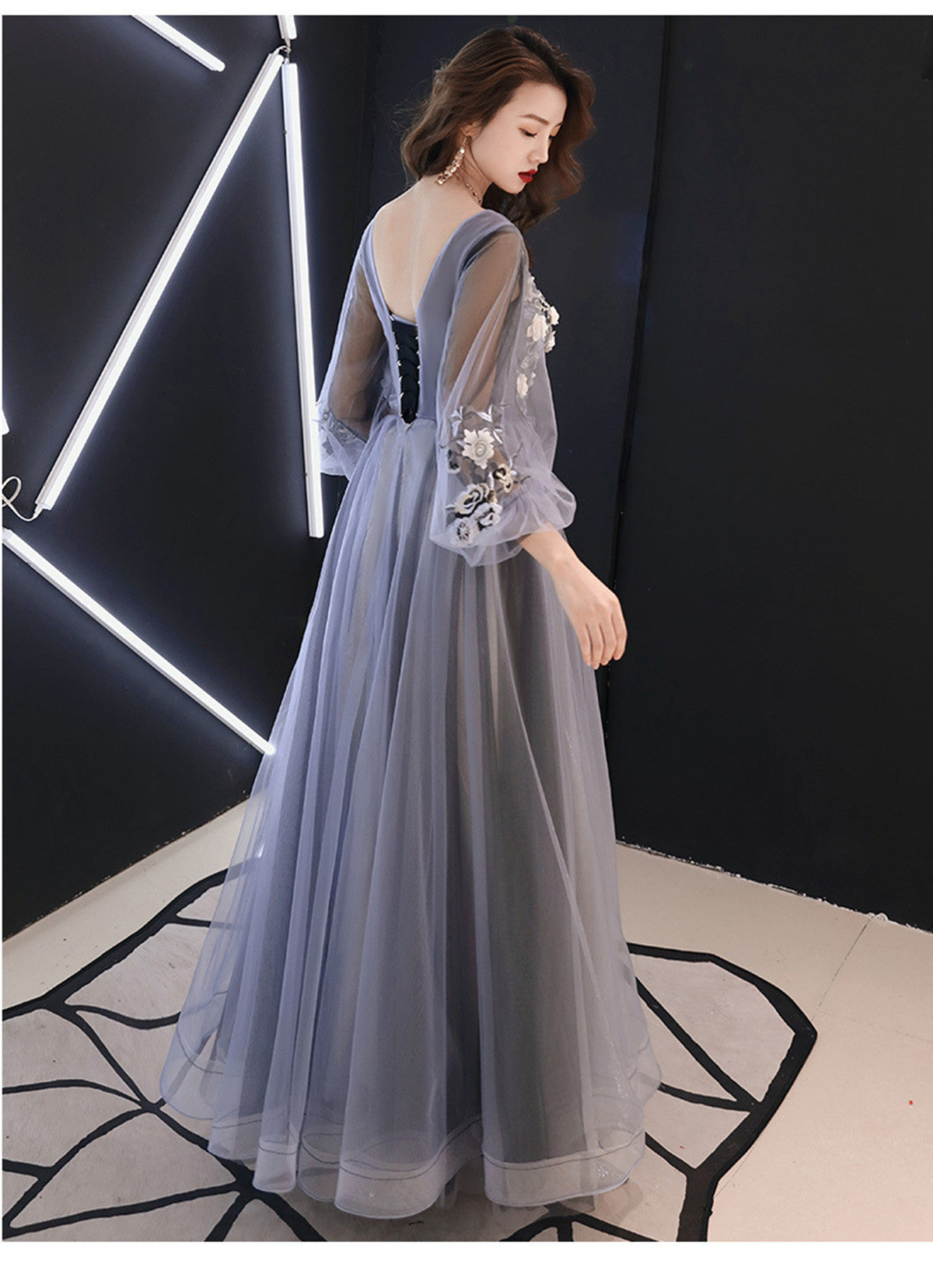 A-line Puffy Long Sleeves Flowers Tulle Party Dress, Tulle Floor Length Prom Dress