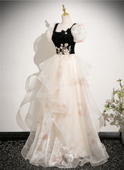 A-line Tulle and Velvet Short Sleeves Party Dress, Long Tulle Scoop Evening Dress