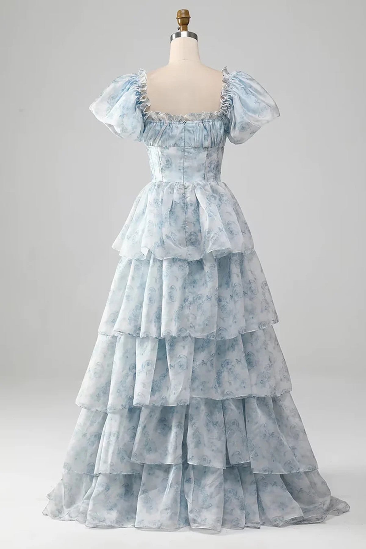 A-line Floral Layers Long Party Dress Prom Dress, Puffy Sleeves Evening Dress
